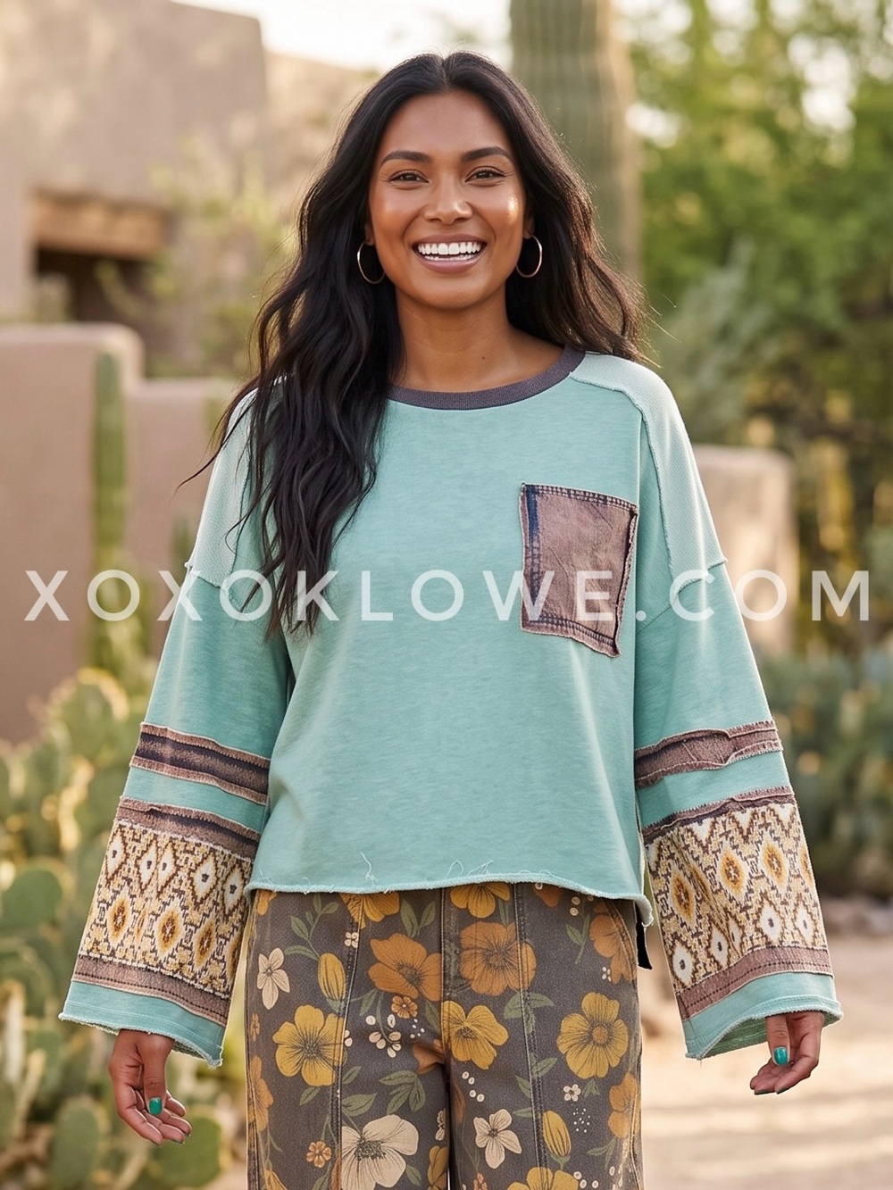 Oli & Hali Teal Washed Mixed Media Pullover | Bell Sleeve Patchwork Knit Top